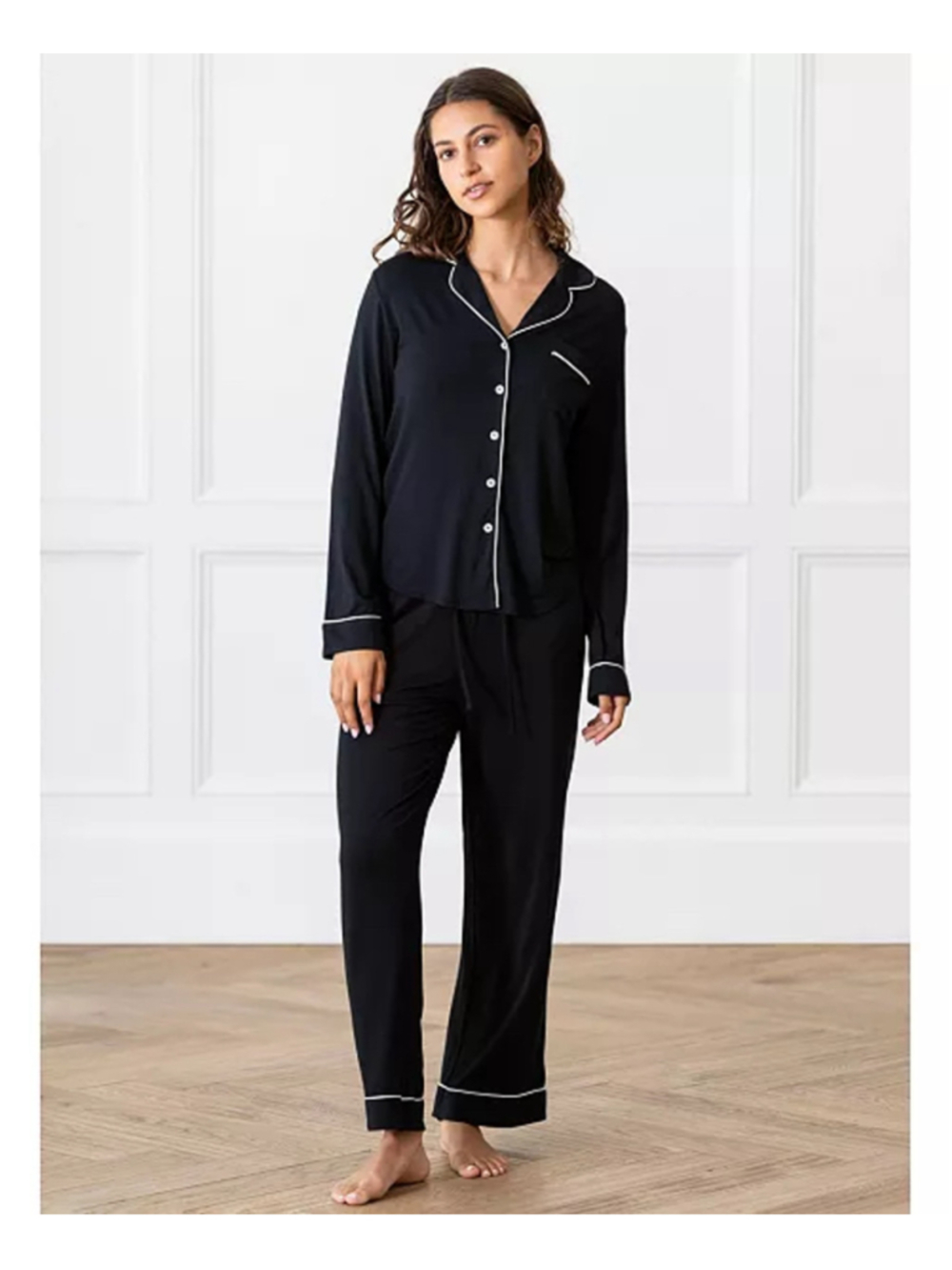 Cozy Earth Bamboo Pajama Set Black White Piping Size M